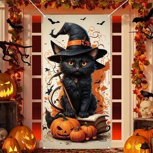 Halloween Door Banner - Black Cat, Witch Hat, Pumpkin Pattern - 72.8" X 35.4"